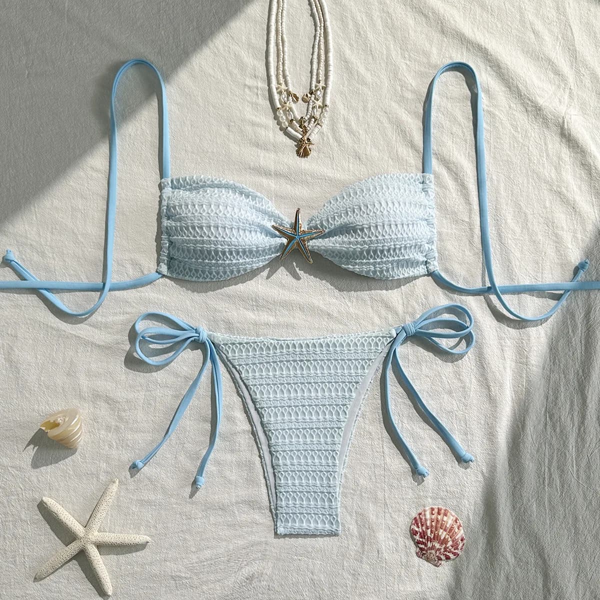 Sexy bleu ciel Micro Bikini 2026 femmes métal étoile de mer ornement plissé Push Up cravate côté str