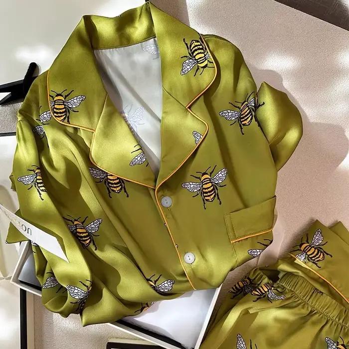 Ensemble de pyjama imprimé à manches longues pour femmes, vêtements de nuit en satin de poche, vêtem