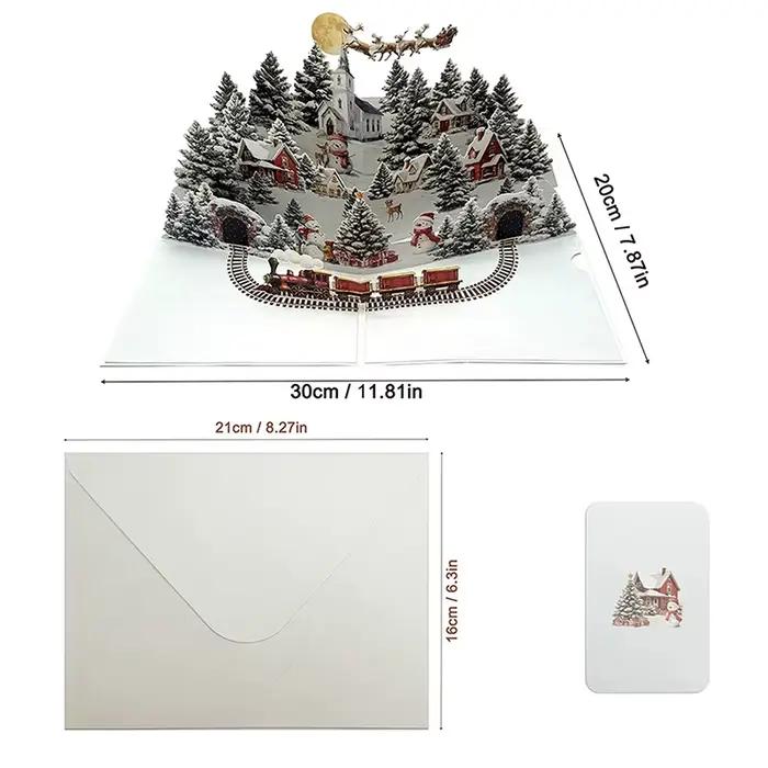 Carte de noël 3D, scène de nuit avant noël avec père noël, renne, Village enneigé et ciel clair de l
