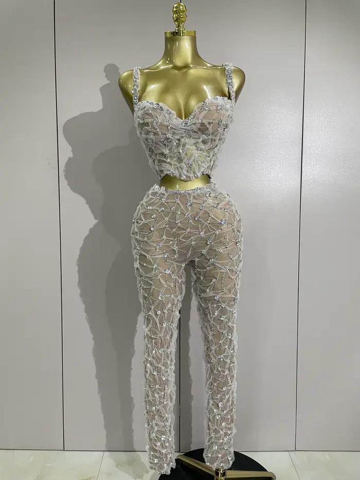 Ensemble deux pièces Sexy en dentelle pour femmes, haut à licou + pantalon Long, épissure de diamant