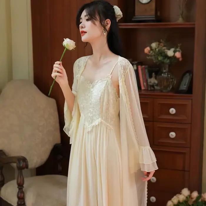 Chemise de nuit Vintage en dentelle féerique avec Robe, ensemble 2 pièces, vêtements de nuit princes