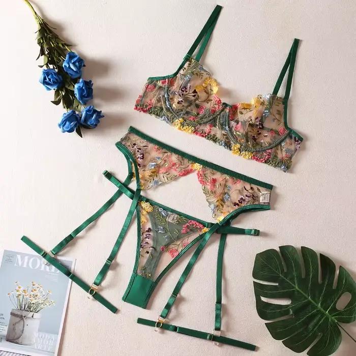 Brskbzda – Lingerie sensuelle en dentelle, sous-vêtements transparents brodés, jarretelles 3 pièces,