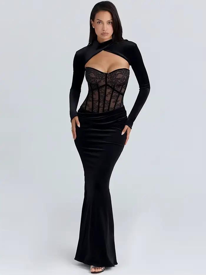 Mozision – robe Maxi Sexy en dentelle pour femmes, manches longues, dos nu, élégante, imprimée, épau