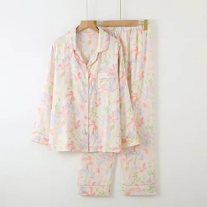 2025 printemps et automne femmes nouveau pyjama ensemble 100% coton crêpe à manches longues pantalon