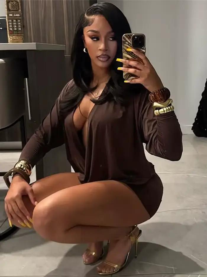 Nibber Croix Profond V-Cou Robe Femmes Plein Manches Stretch Solide Minuit Rue Clubwear Parti Automn