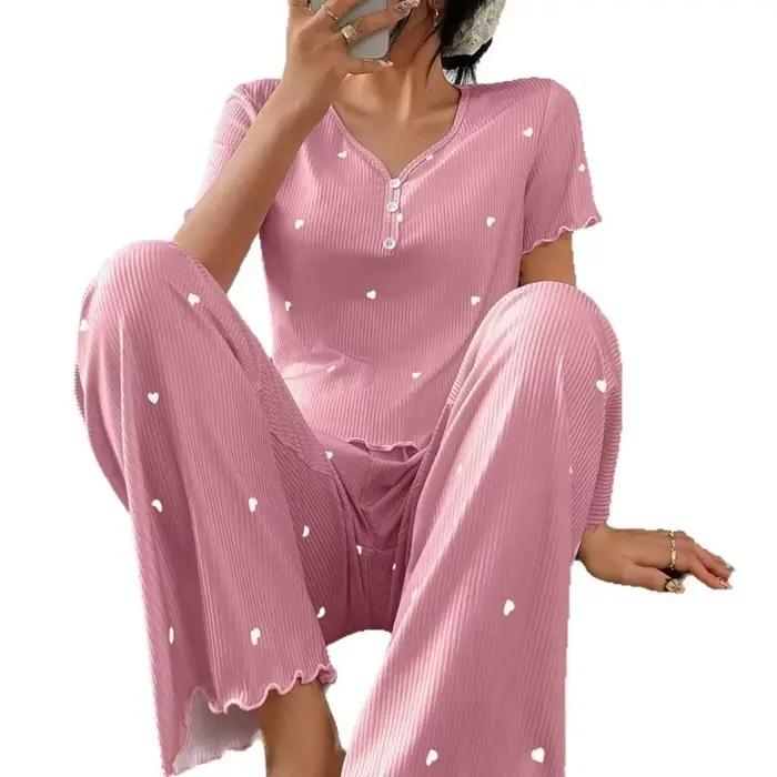 Ensemble de pyjama doux à manches courtes, motif cœurs et rayures, avec col en V à volants, pour la