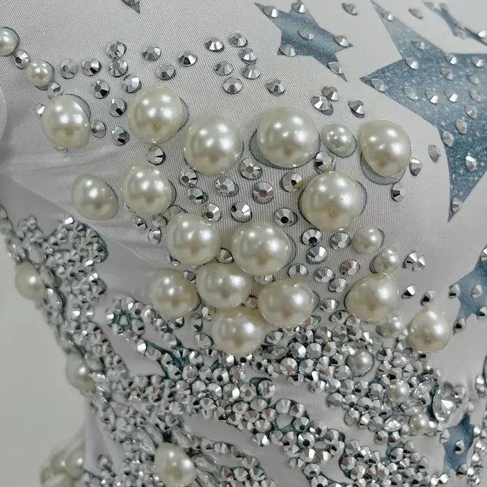 Justaucorps à Franges avec Strass et Grosses Perles pour Femme, Combinaison de Soirée à Long Pompon,