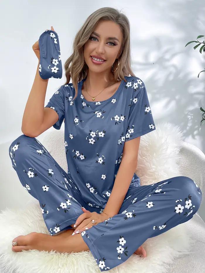 Pyjama à manches courtes pour femme, pantalon confortable, vêtements de maison décontractés, motif d