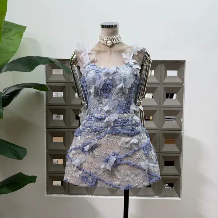 Robe décontractée élégante pour femme, mini-robe corset en dentelle 3D papillon, bretelles spaghetti
