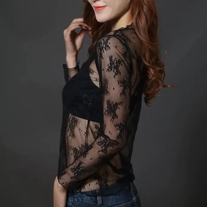 T-shirt transparent en maille évidée pour femme, sous-vêtement sexy, haut de base étoile, vêtements