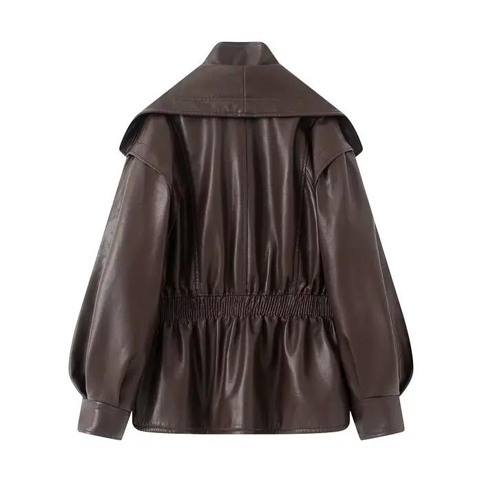Veste en cuir Pu pour femme, manteau chaud marron avec fermeture éclair, décontracté, revers, taille
