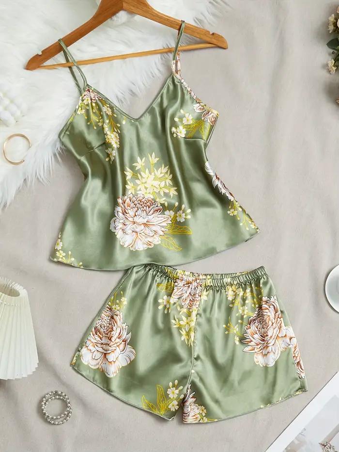 Ensemble de pyjama pour femmes à imprimé floral, respirant, été, deux pièces, pyjama en satin de soi