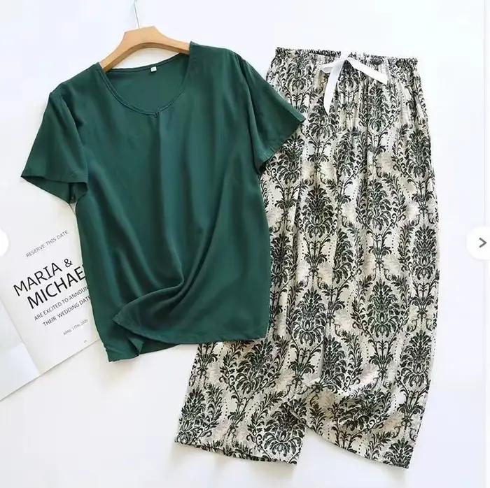 Femmes élégant 2 pièces imprimé fleuri vêtements de ménage dames ample mince rayonne pyjamas ensembl