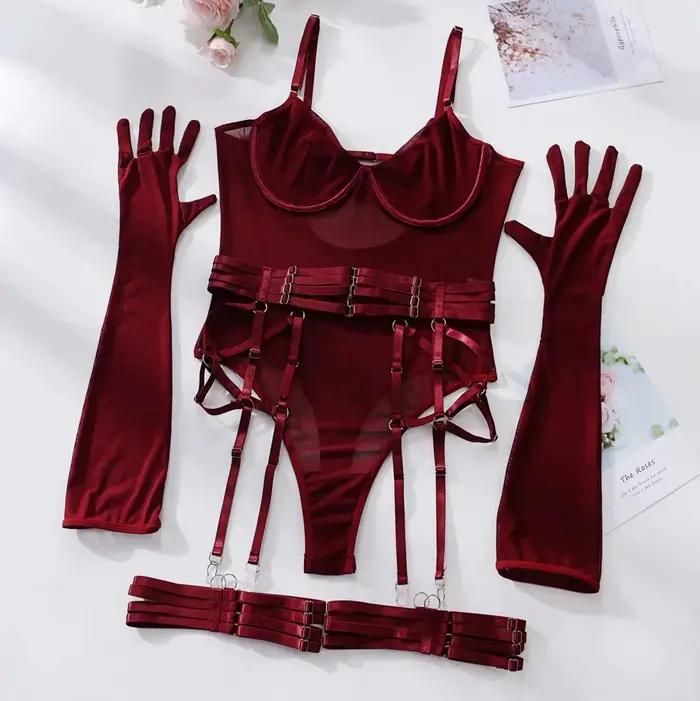 Ellolace Body moulant en dentelle Sexy transparent corps érotique avec gants jarretière tenue de boî