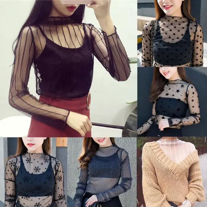 T-shirt transparent en maille évidée pour femme, sous-vêtement sexy, haut de base étoile, vêtements