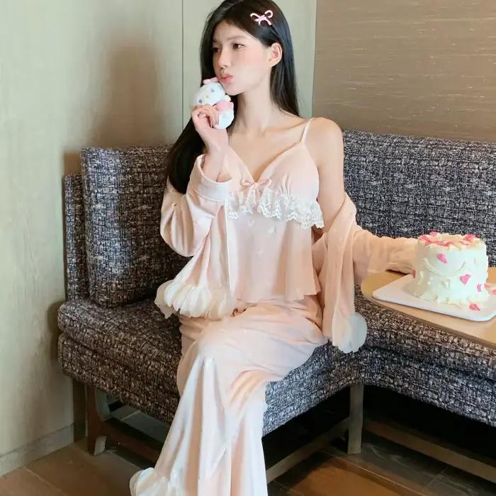 Island Velvet Women's Pajamas 3Pcs Set Loungewear Elegant Sexy Lace Trim Sleepwear Pijamas Suit Loos