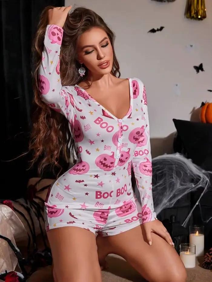 Barboteuse d'halloween pour femmes, pyjama à manches longues, bouton sur le devant, imprimé citrouil