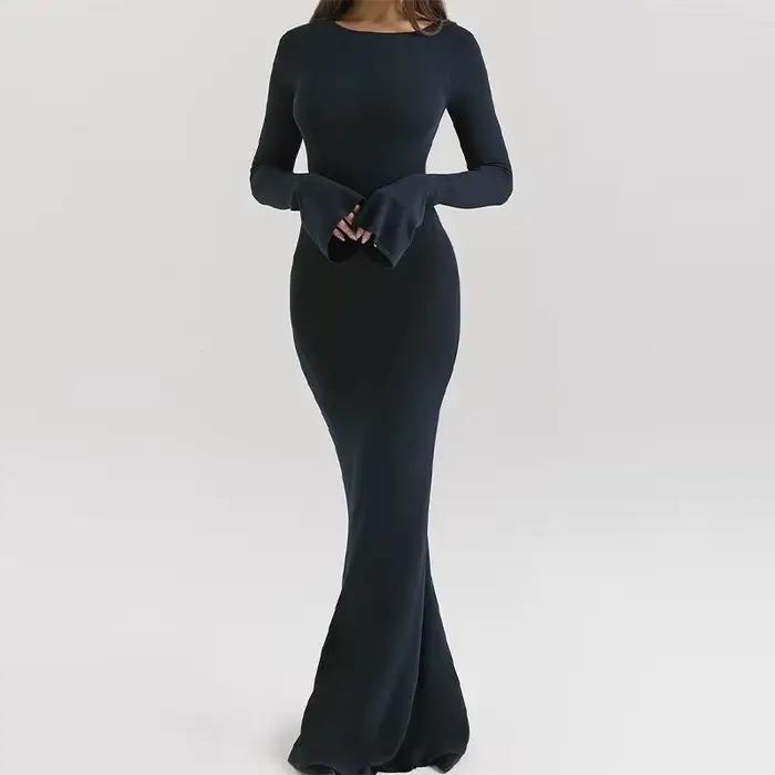 Robe longue en maille bleu nuit dos nu pour femme, élégante, à manches évasées, moulante, coupe sirè