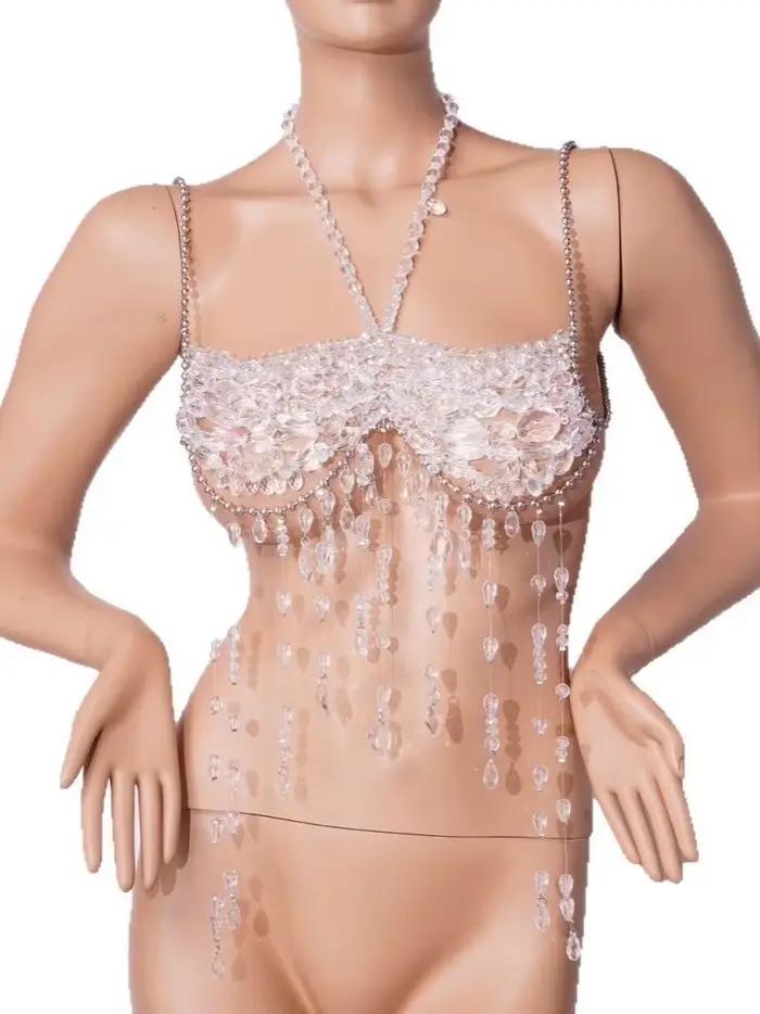 Soutien-gorge en cristal fait à la main, col licou, perles dorées, Lingerie superposée, harnais, Bra