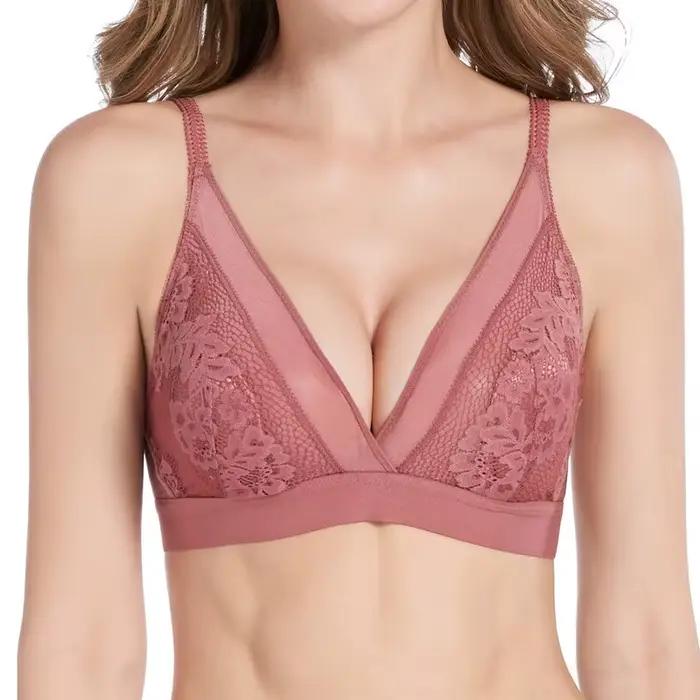 Soutien-gorge sans armatures à bonnets triangulaires, minimisant, ultra-fin, en dentelle sexy, avec