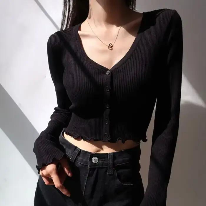 Cardigan tricoté Sexy pour femmes, col en V, nombril nu, haut court, Chic, ourlet champignon, chemis