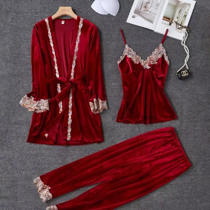 Nouveau velours pyjama costume femmes 3 pièces Robe chemise de nuit ensemble vêtements de nuit dame