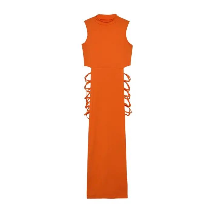 Robe à découpes croisées pour femmes, robe en fibre à col montant avec batterie sexy, vêtements pour