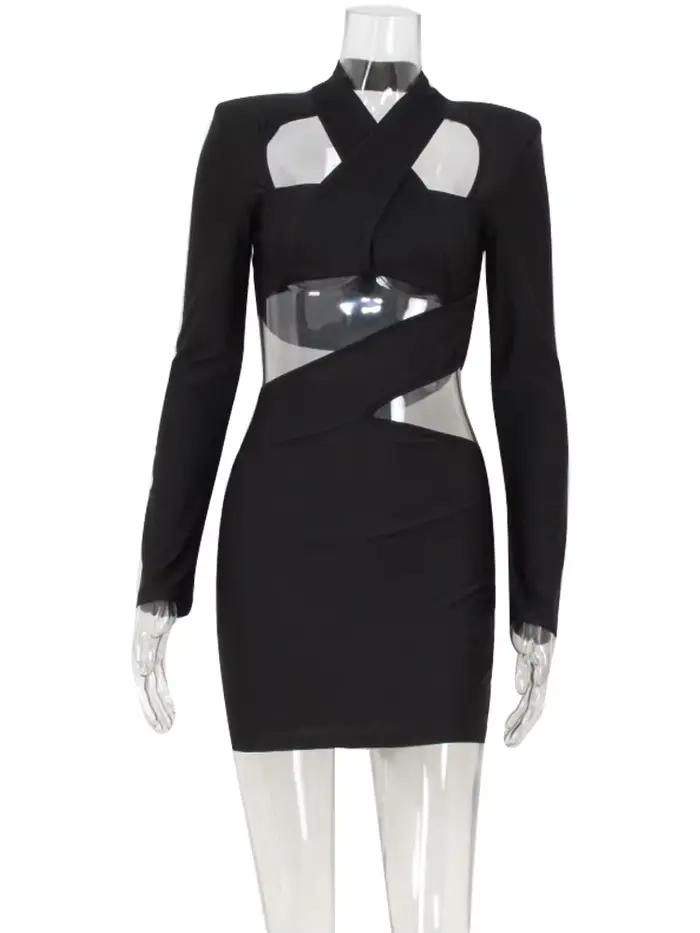 Ahagaga-Mini robe sexy club pour femme, col en V évidé, manches longues régulières, gaine de batteri