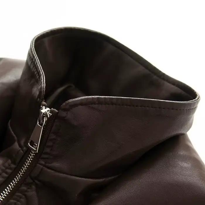 Veste en cuir Pu pour femme, manteau chaud marron avec fermeture éclair, décontracté, revers, taille
