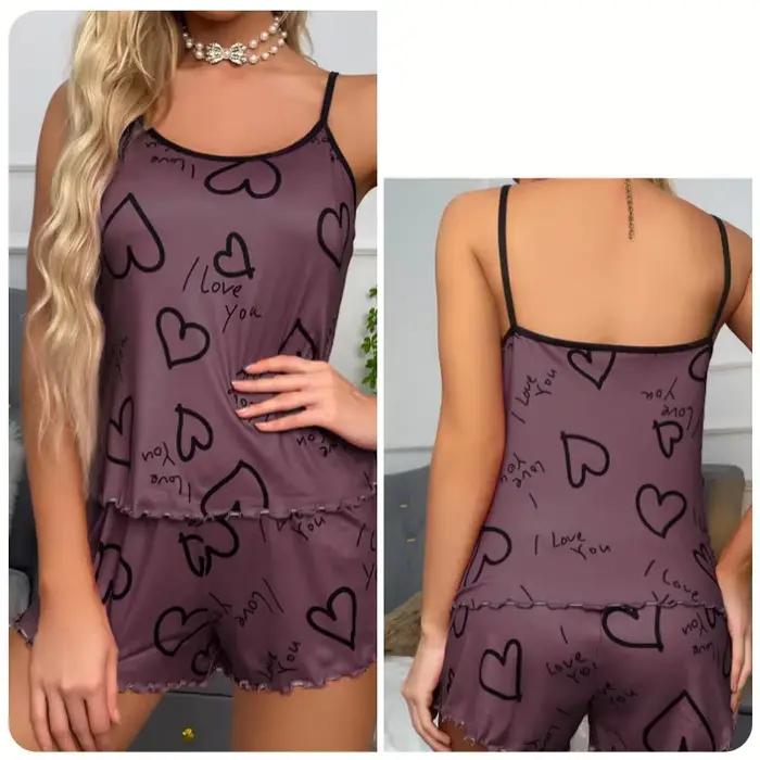 Ensemble pyjama imprimé en forme de cœur pour femmes, sexy, gilet plissé en soie, short, doux et con