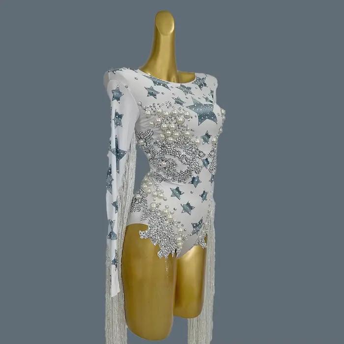 Justaucorps à Franges avec Strass et Grosses Perles pour Femme, Combinaison de Soirée à Long Pompon,