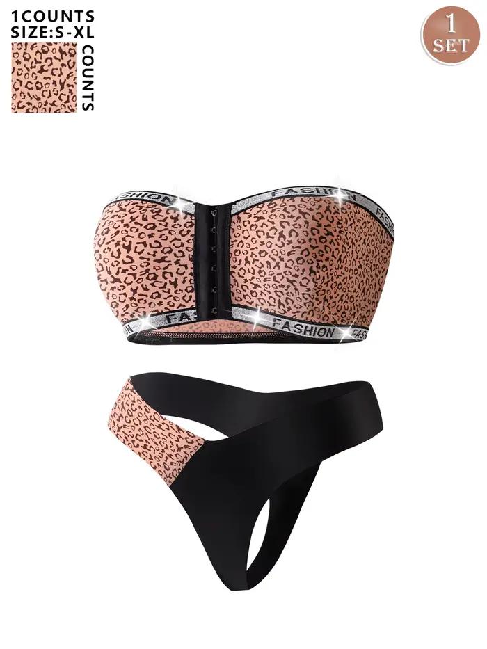 1 ensemble de soutien-gorge sans bretelles à imprimé léopard, soutien-gorge à boutons sur le devant