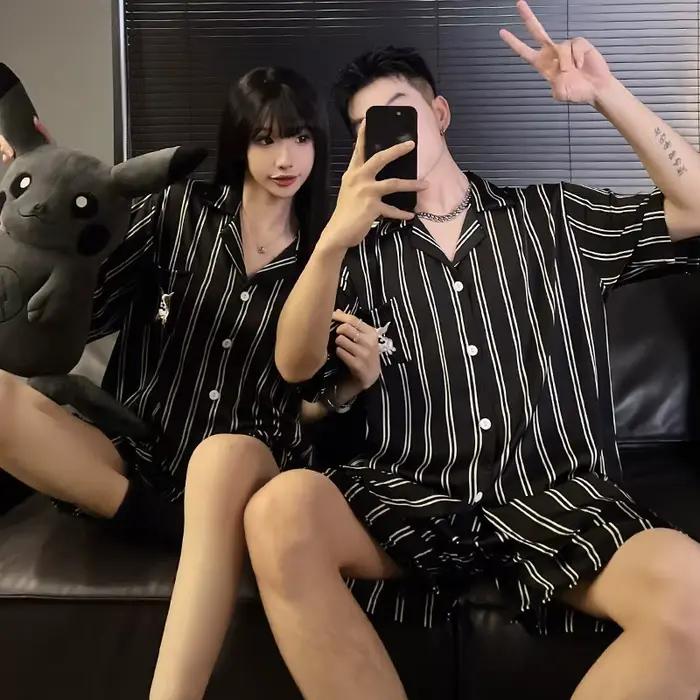 Femmes glace soie pyjamas ensemble dessin animé ours vêtements de nuit vêtements de détente bouton-b