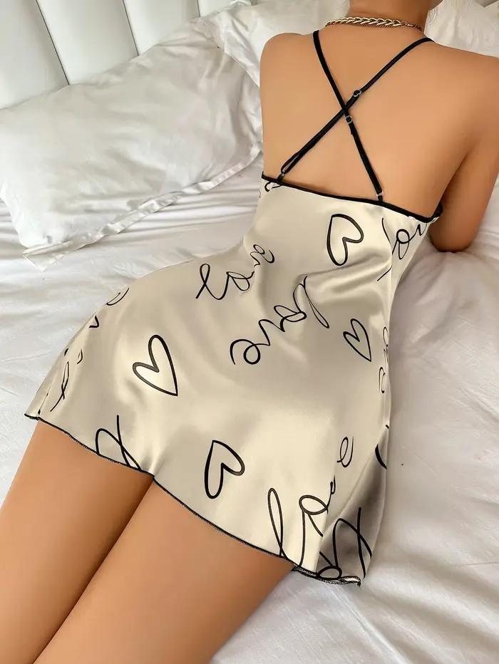 Coeur lettre impression chemise de nuit décontracté col rond Spaghetti sangle robe de nuit femmes vê