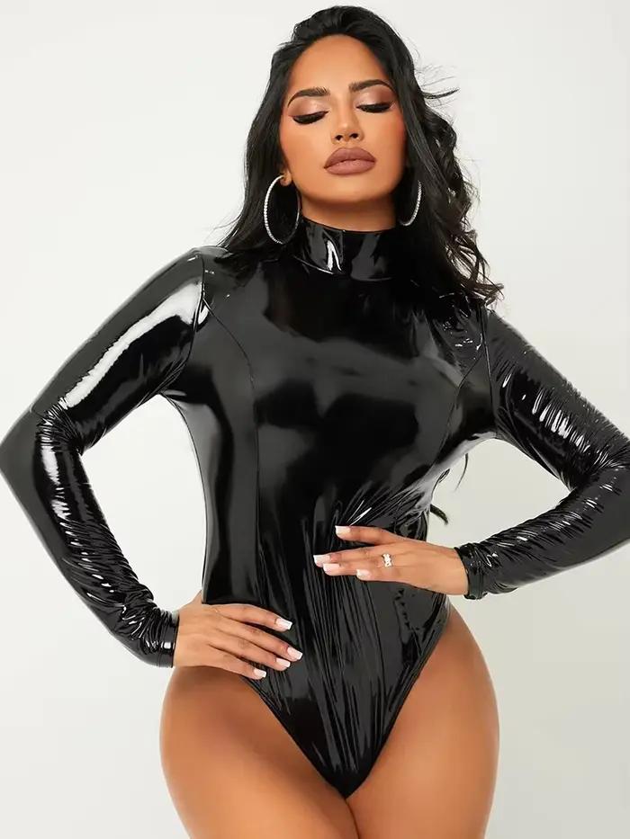 Body en Faux Latex pour femmes, col haut, manches longues, Sexy, moulant, combinaisons en PVC, exten