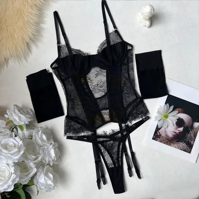 Ellolace Willowy Ensembles de Lingerie pour Femme, Corset et String Élégants en Dentelle à Franges,