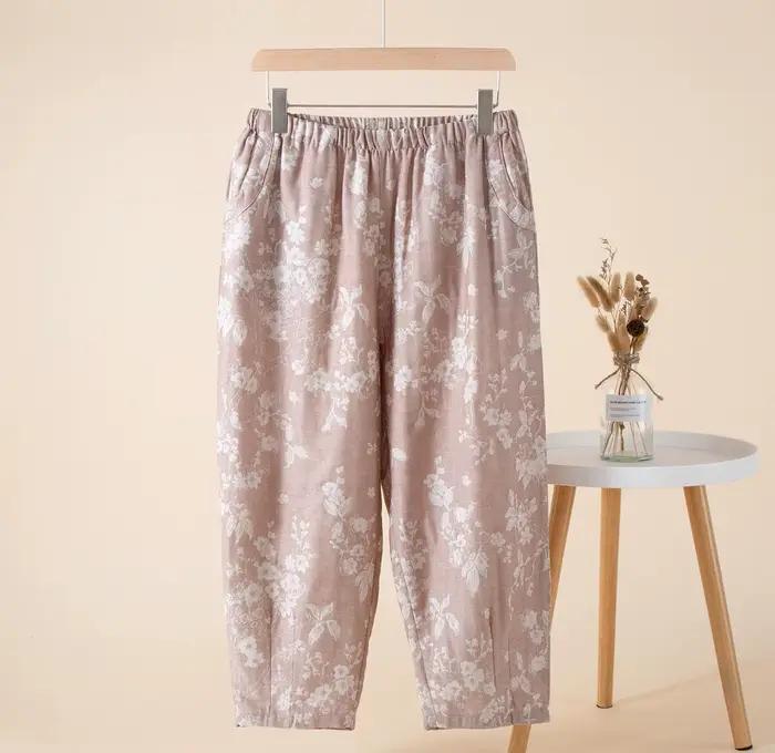 Pantalon de pyjama Jacquard en coton et lin pour femme, fin, ample, radis, pour la maison, taille él