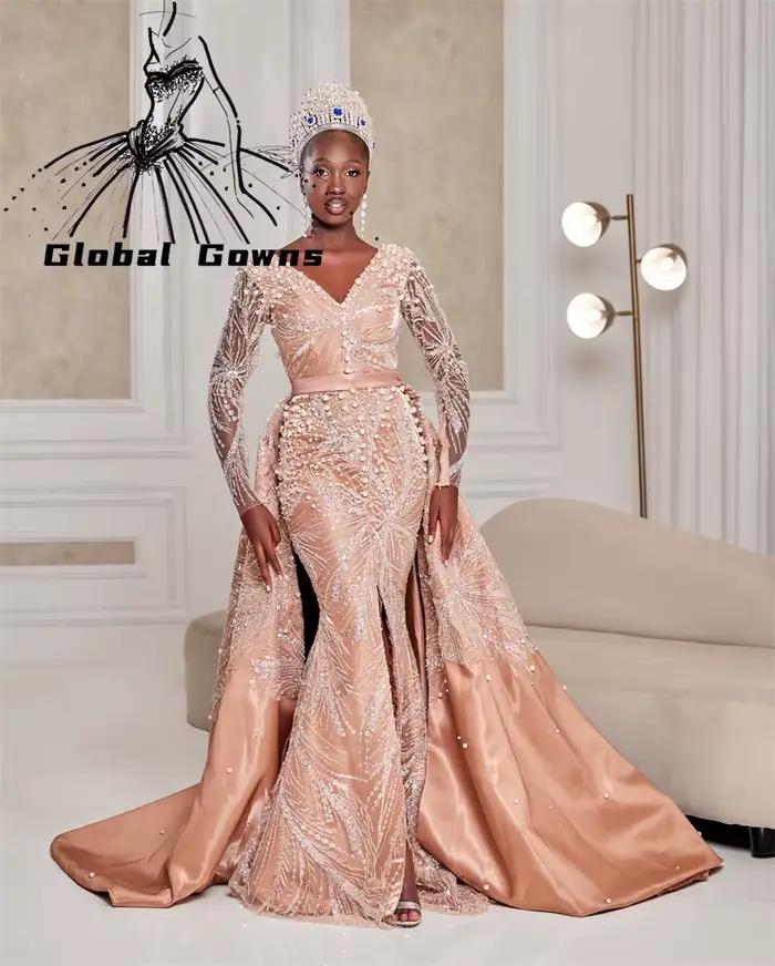Robe de Soirée Luxueuse en Dentelle avec Appliques de Perles, Couleur Champagne, Style Moyen-Orient,