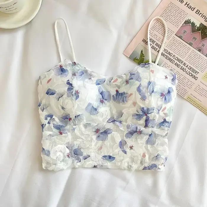 Haut court en dentelle pour femmes, soutien-gorge à fleurs roses, bustier tubulaire en maille, dos d