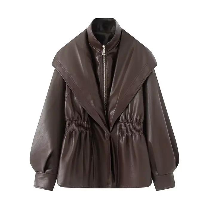 Veste en cuir Pu pour femme, manteau chaud marron avec fermeture éclair, décontracté, revers, taille