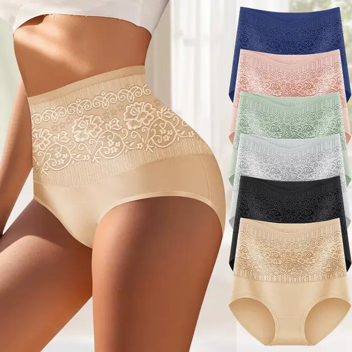 6 pièces taille haute ventre Tuck culotte femme Jacquard hanches Triangle pantalon cordon coton conf