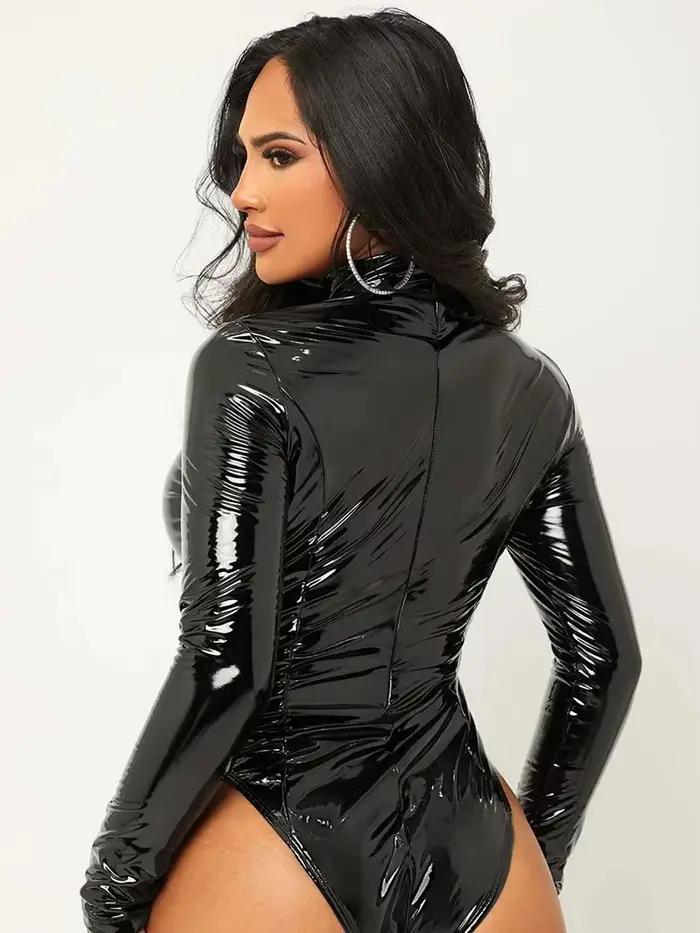 Body en Faux Latex pour femmes, col haut, manches longues, Sexy, moulant, combinaisons en PVC, exten