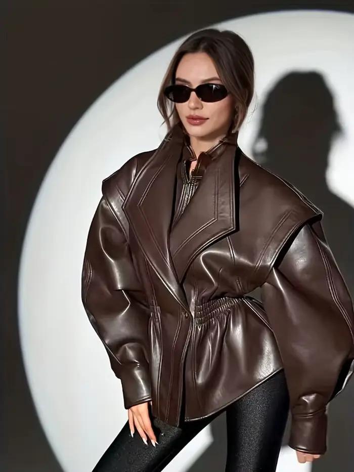 Veste en cuir Pu pour femme, manteau chaud marron avec fermeture éclair, décontracté, revers, taille