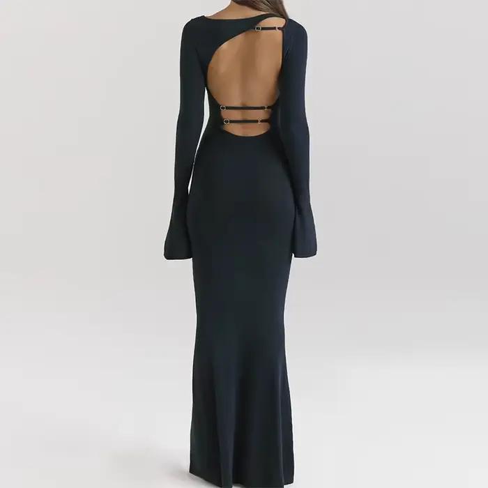 Robe longue en maille bleu nuit dos nu pour femme, élégante, à manches évasées, moulante, coupe sirè