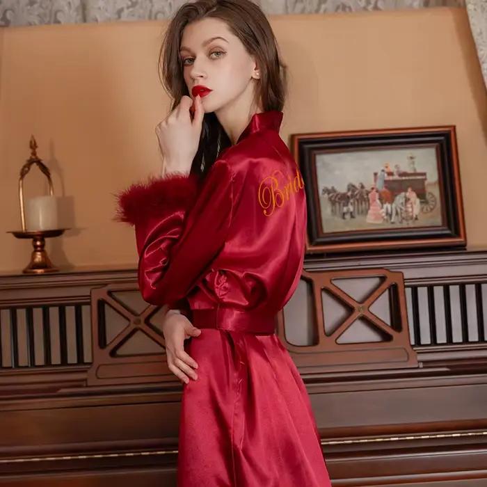 Satin plume Patchwork mariée Robe de demoiselle d'honneur Sexy Kimono peignoir Robe décontracté vête