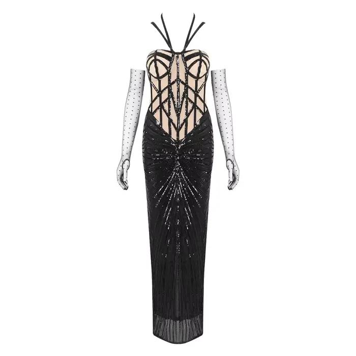 Robe de soirée corset à paillettes noires de luxe – Robe à bretelles en maille illusion pour tapis r