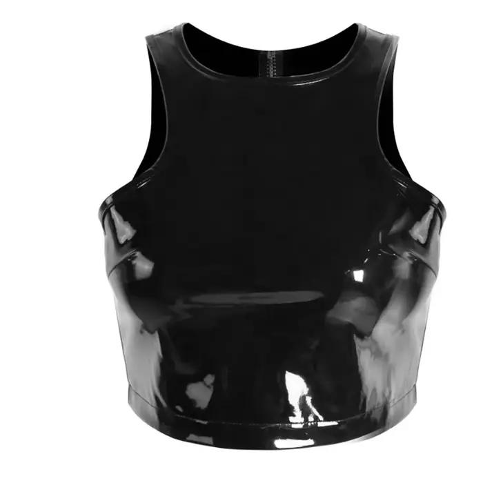 Haut sexy en faux latex pour femmes, fermeture éclair au dos, cuir verni brillant, aspect de support