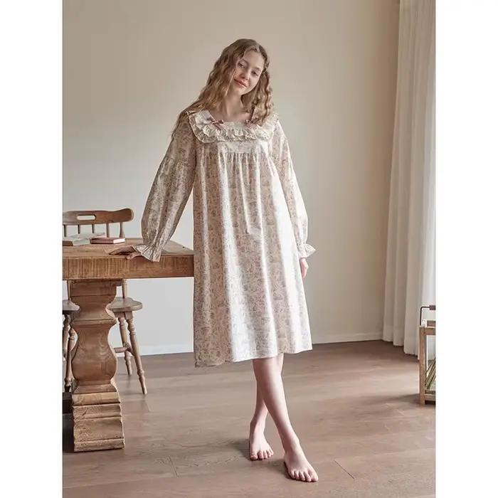 Nouveau printemps et automne dames chemise de nuit mignon doux dentelle dentelle paresseux vent fill
