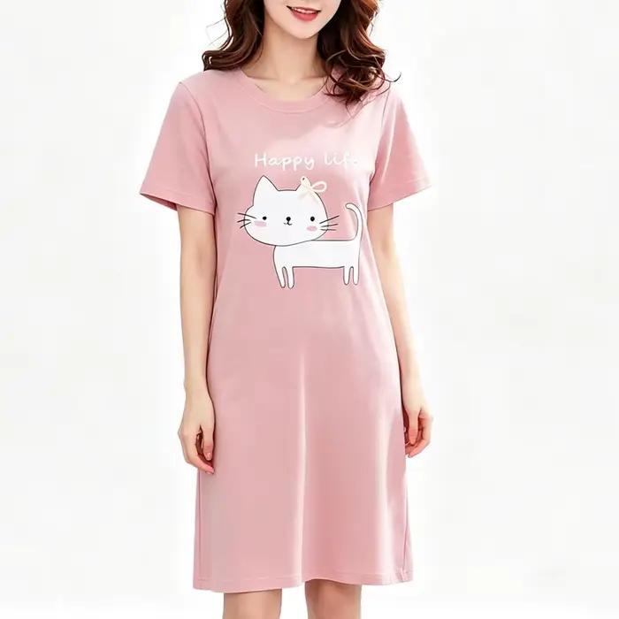 Pyjama Femme Mignon Chat – Robe de Nuit Tendance Été – Vêtement de Nuit Dessin Animé Grande Taille