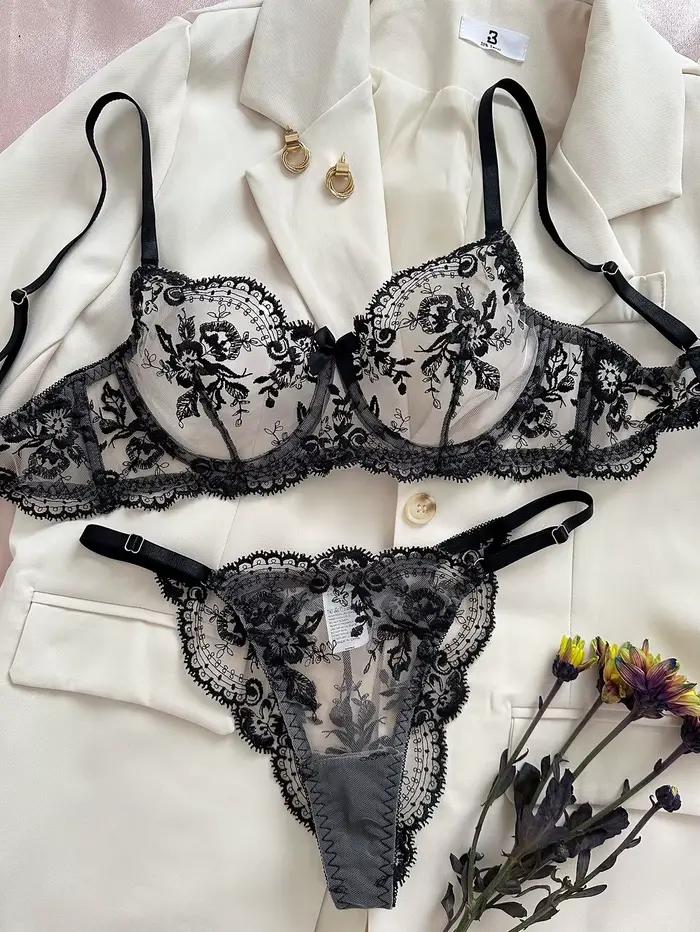 Ensemble de Lingerie brodée en dentelle, sous-vêtements en Tulle transparent, bretelles réglables, f